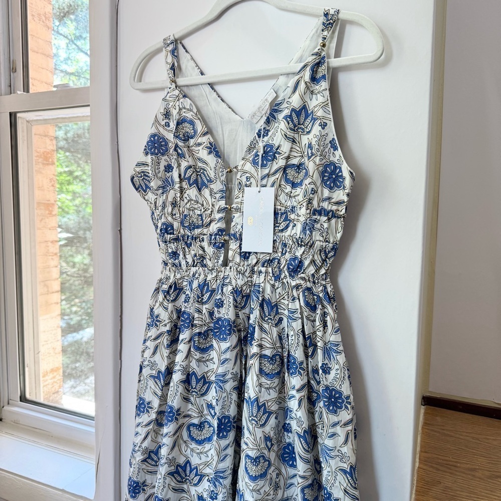 NWT Caroline Constas Cotton Midi Summer Dress Blue White Floral Medium